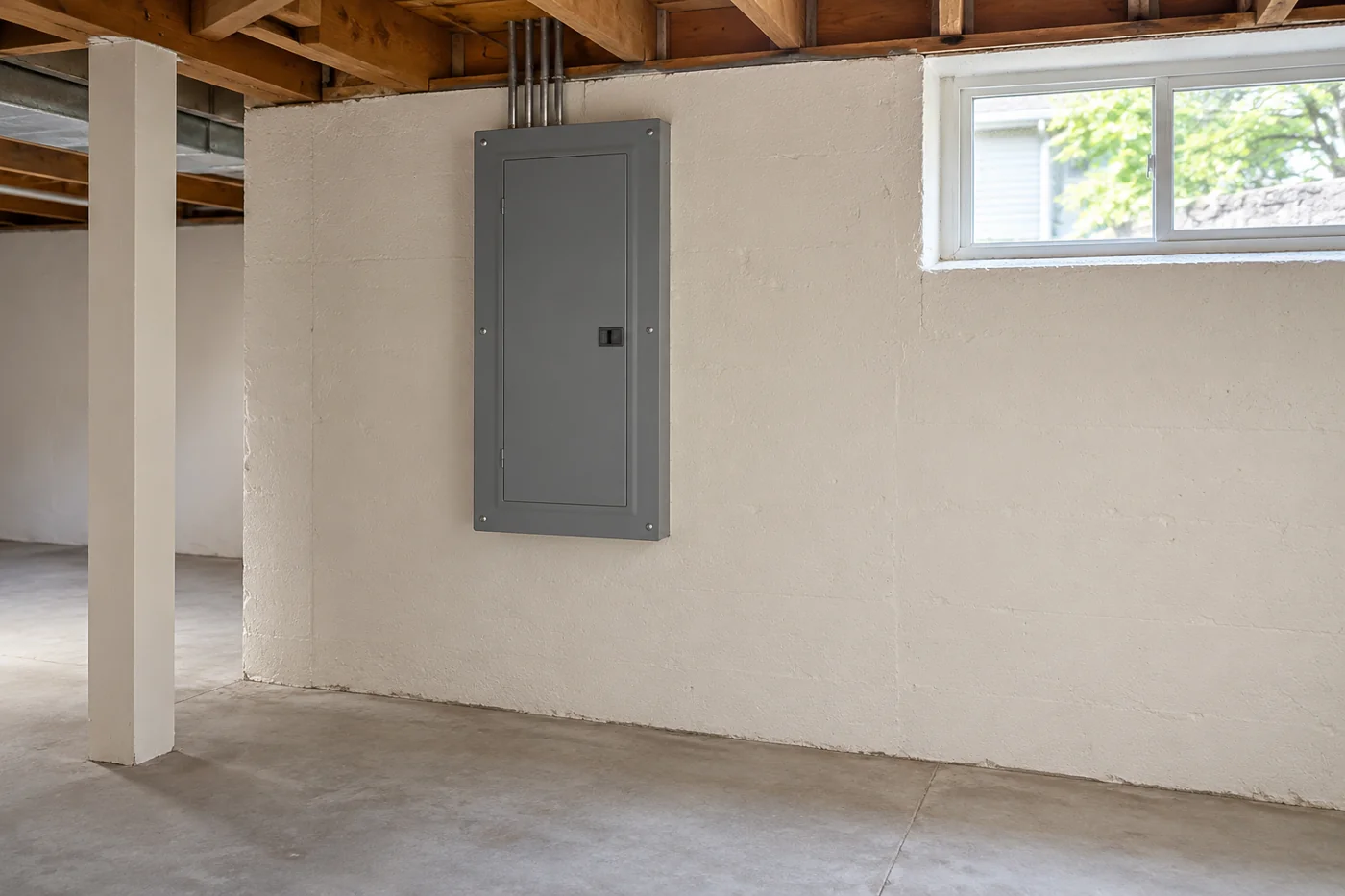 Closed gray electrical panel on a pale basement wall beside a high window