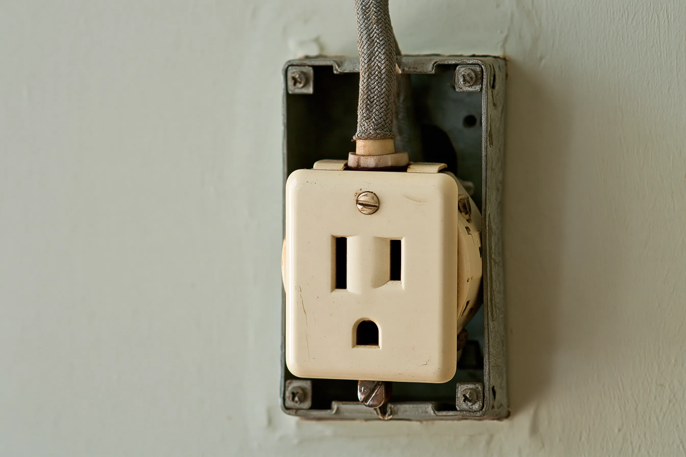 Old cream outlet pulled loose from its metal wall box, wired with braided, cloth-covered cable