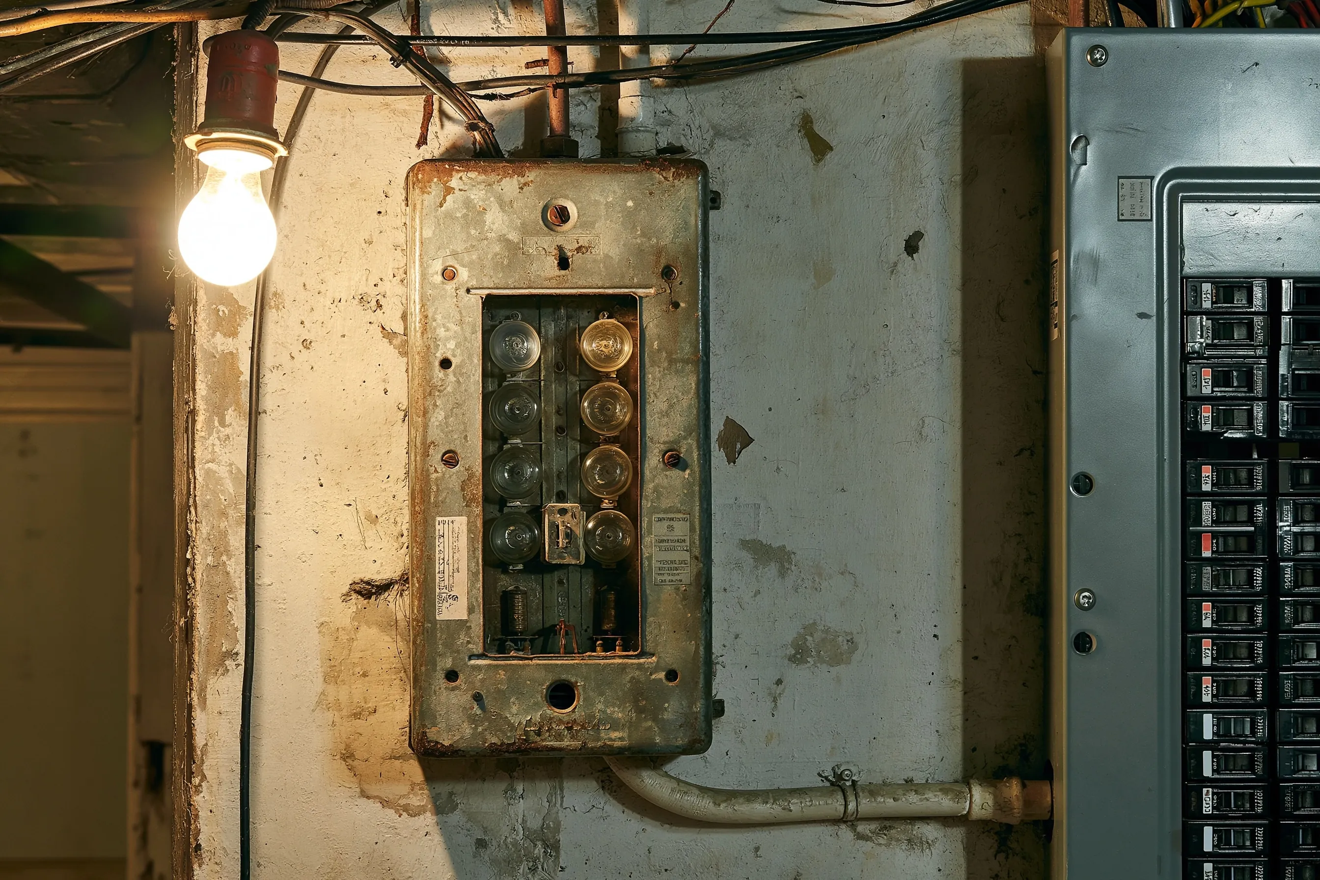 Corroded fuse box still holding its screw-in fuses, mounted on a stained wall under a bare bulb, with a later breaker panel at its side