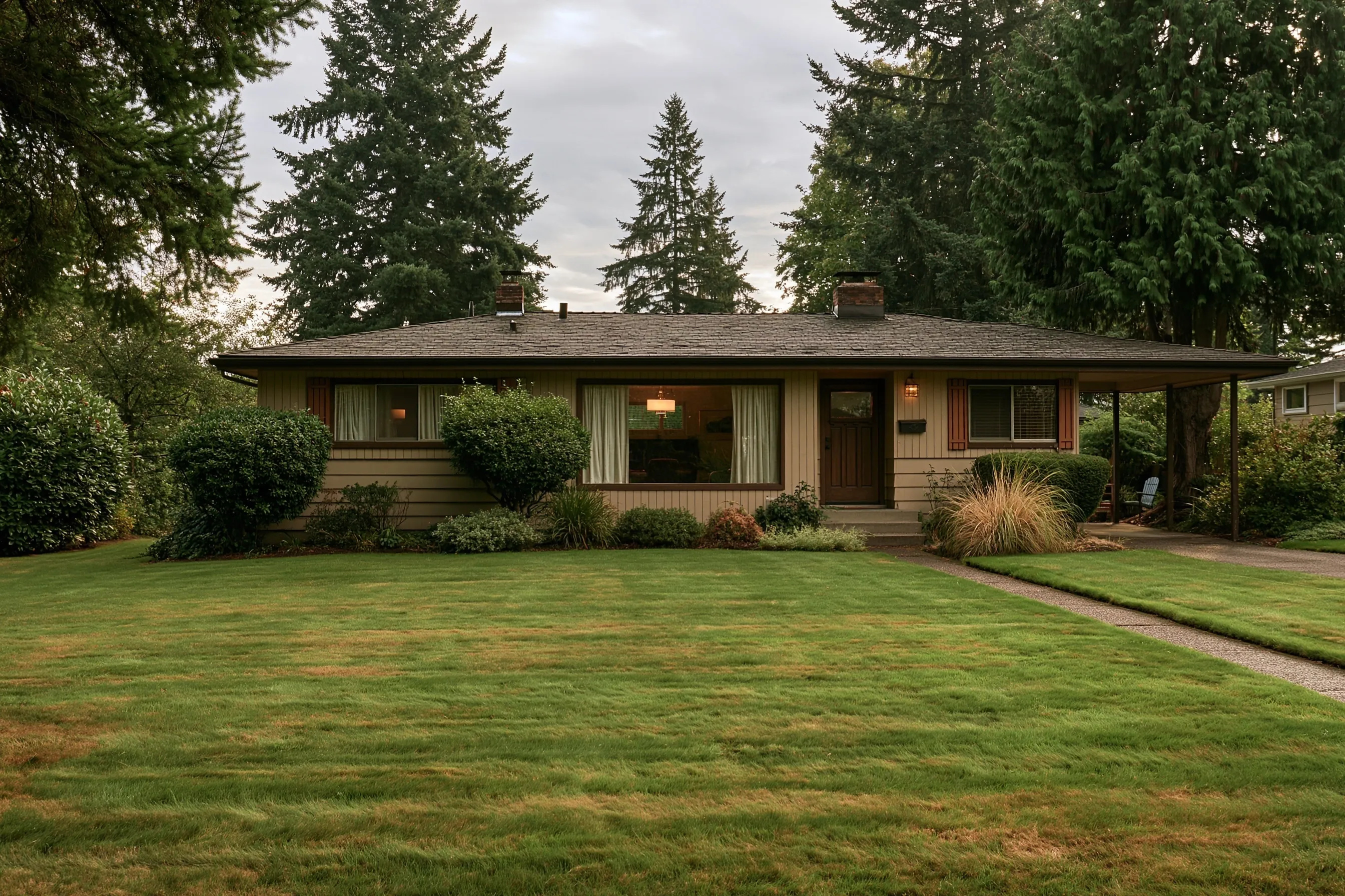 Low single-story 1950s house with a wide picture window, a carport on one side and a large lawn in front