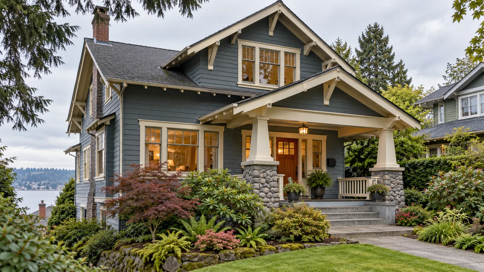Blue-gray Craftsman house with cream trim, a covered porch, and mature landscaping