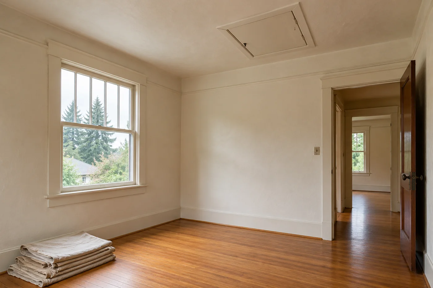 Empty room with plaster walls, a wood floor, folded drop cloths, and a closed attic hatch